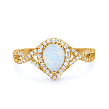 Teardrop Pear Wedding Promise Ring Infinity Yellow Tone, Lab White Opal 925 Sterling Silver
